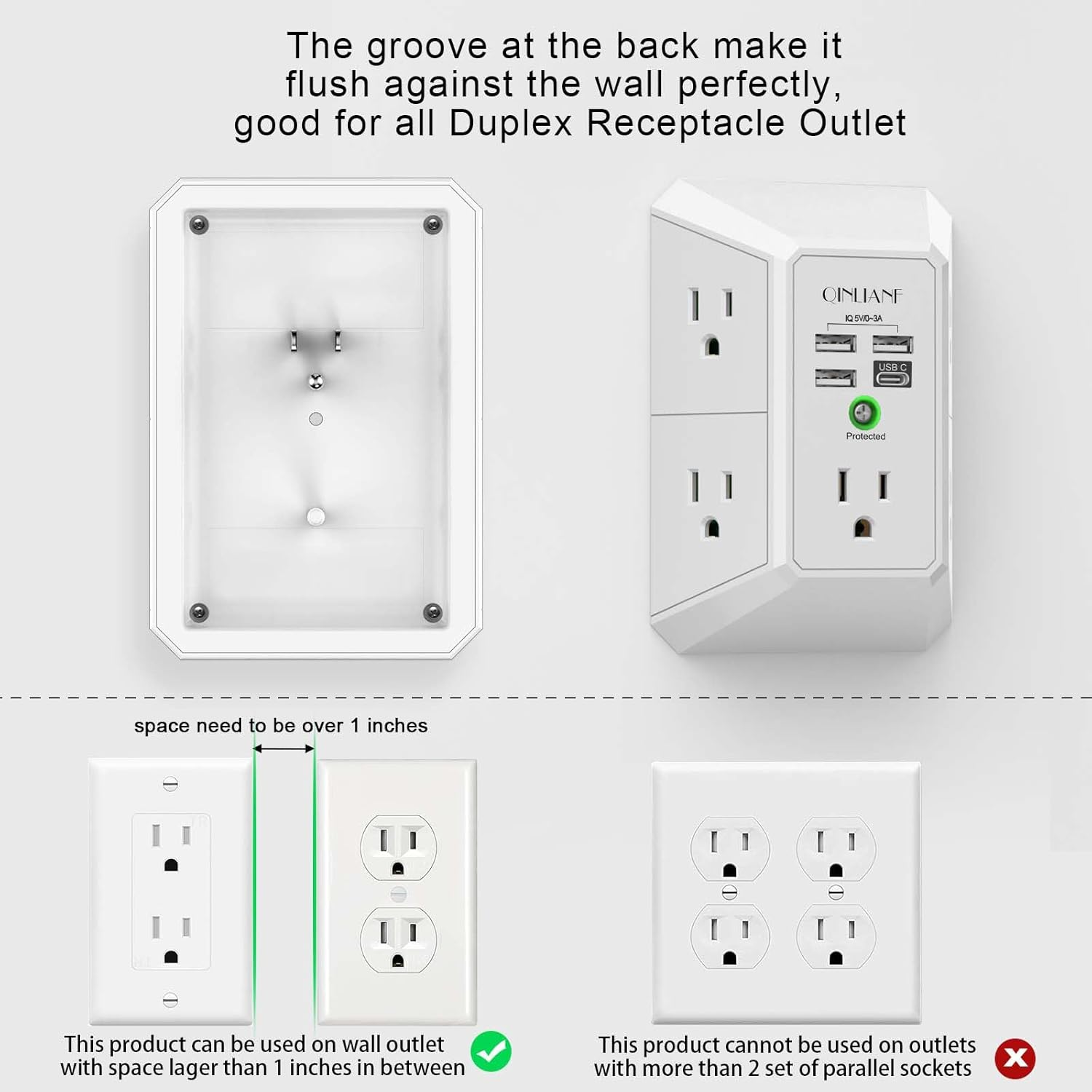 wall charger, surge protector, 5 outlet extender with 4 usb charging ports, 3 sided 1680j power strip multi plug adapter spaced for home travel office