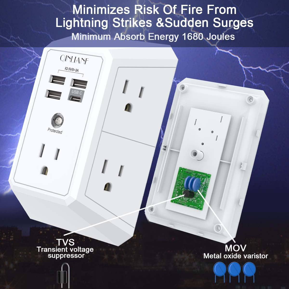 wall charger, surge protector, 5 outlet extender with 4 usb charging ports, 3 sided 1680j power strip multi plug adapter spaced for home travel office