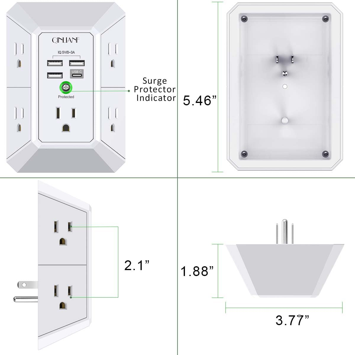 wall charger, surge protector, 5 outlet extender with 4 usb charging ports, 3 sided 1680j power strip multi plug adapter spaced for home travel office