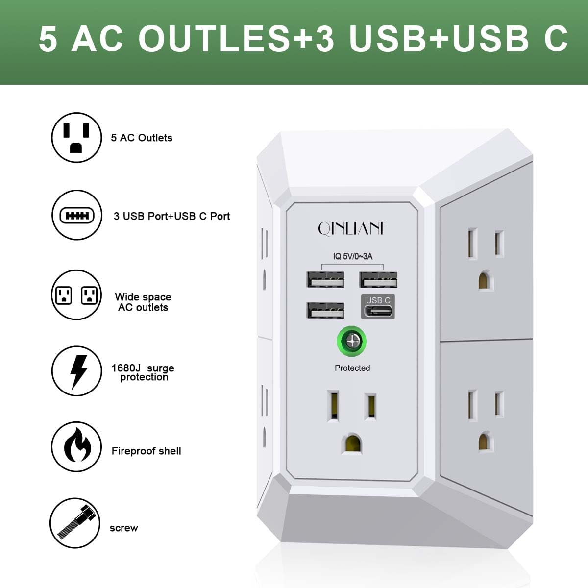 wall charger, surge protector, 5 outlet extender with 4 usb charging ports, 3 sided 1680j power strip multi plug adapter spaced for home travel office