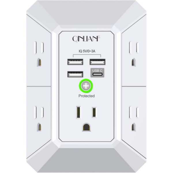 5‑outlet wall charger with 4 usb ports & 1680j surge protection