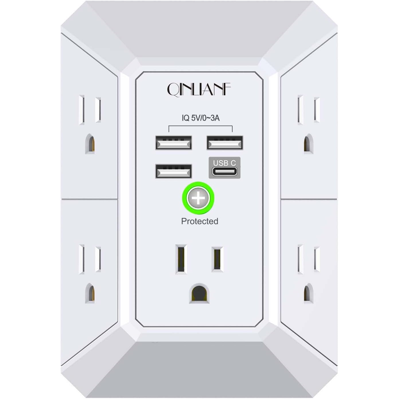 5‑outlet wall charger with 4 usb ports & 1680j surge protection