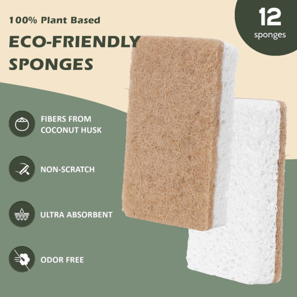 plant‑based biodegradable kitchen sponges — 12‑pack eco‑friendly sisal & cellulose cleaning sponges (fsc certified, peta approved)