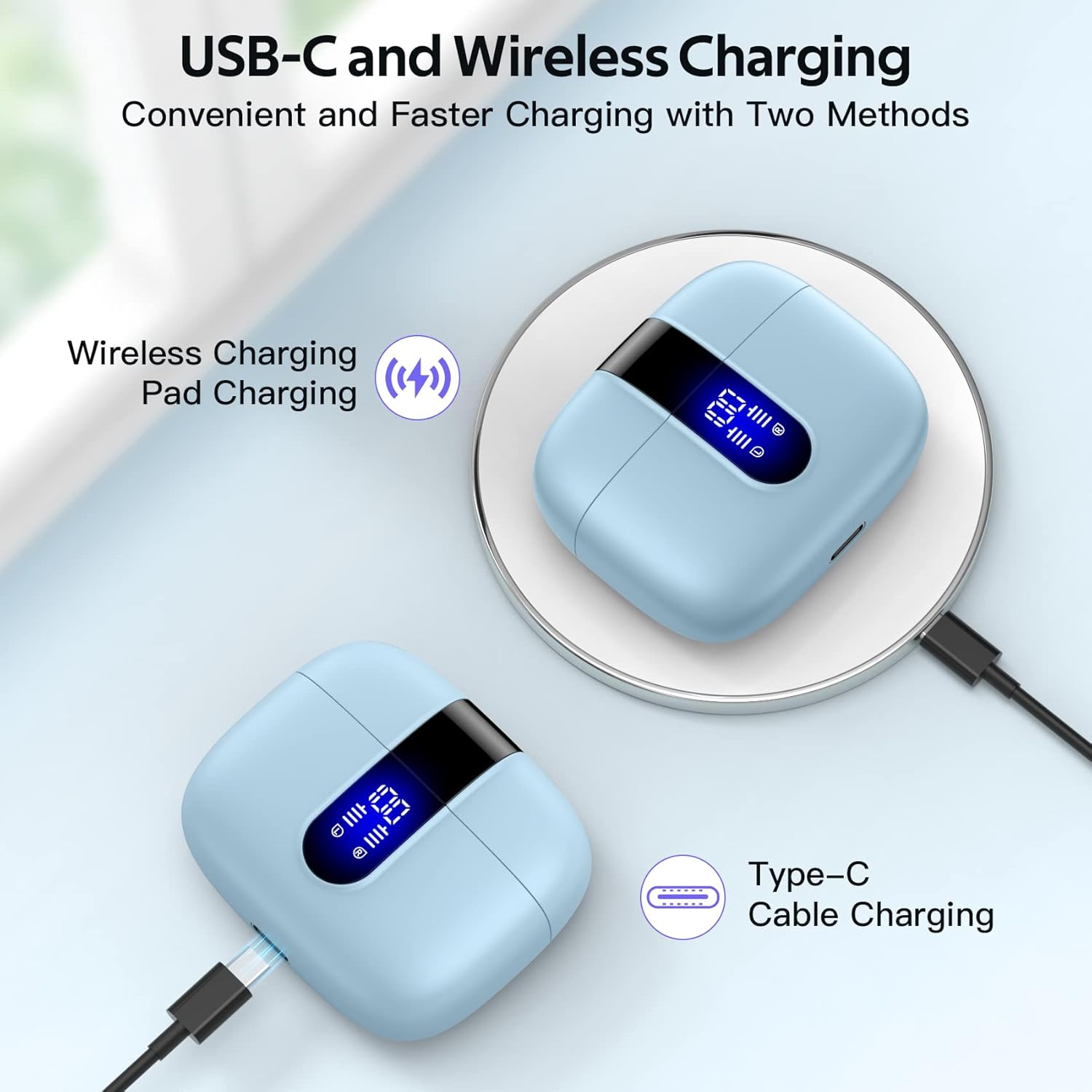 true wireless bluetooth earbuds with led display & 60h playback