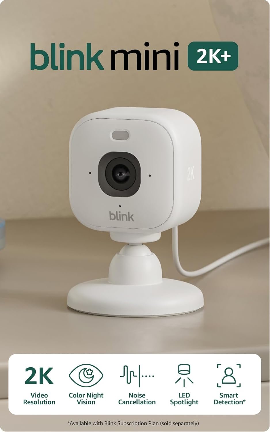 Mini 2K+ (Newest Model) – Plug-In Home & Pet Indoor Security Camera with 2K Video Resolution, Night Vision, Enhanced Audio, Motion Detection – 1 Camera (White)