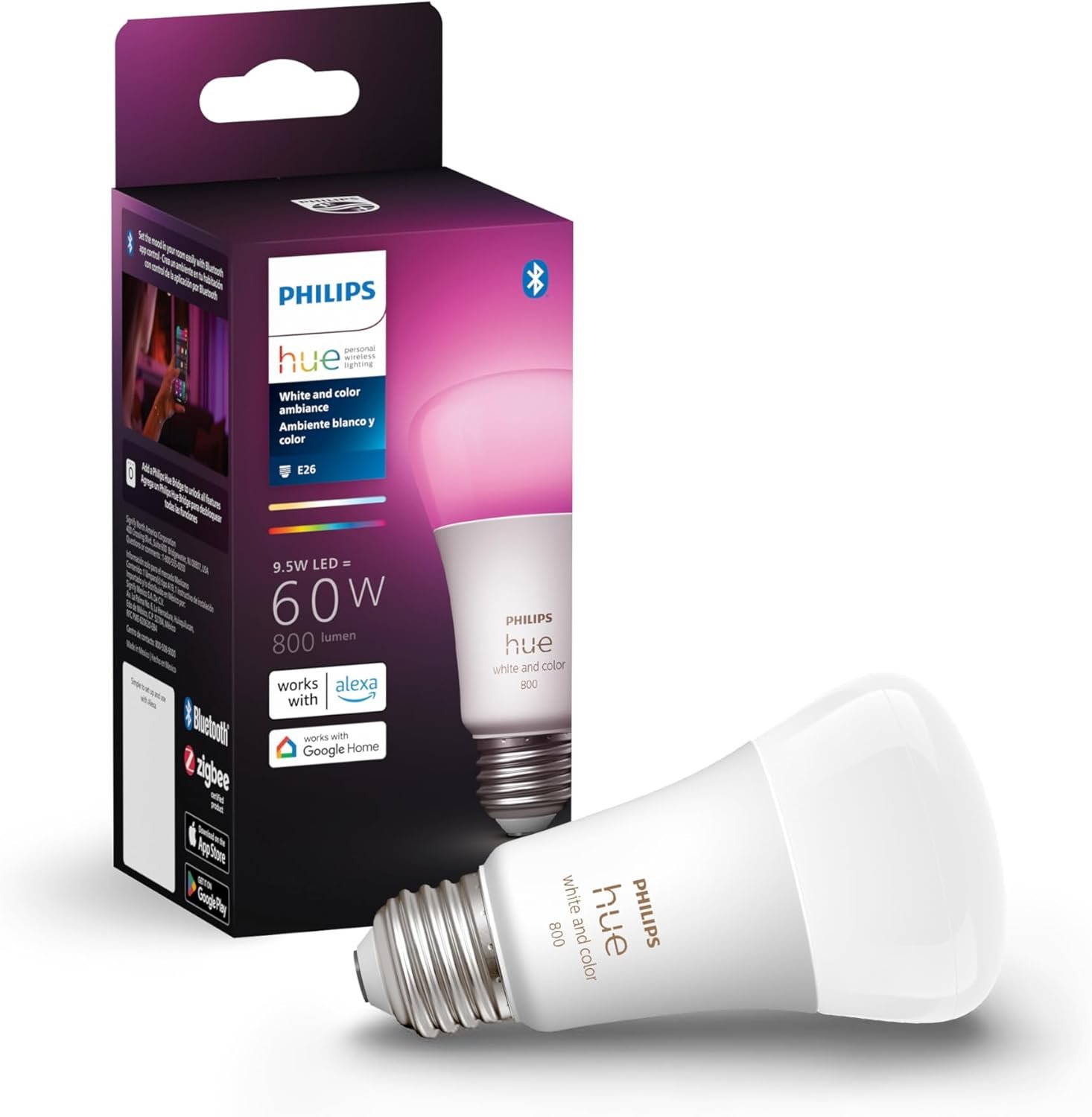 Smart 60W A19 LED Bulb - White and Color Ambiance Color-Changing Light - 1 Pack - 800LM - E26 - Indoor - Control with Hue App - Works with Alexa, Google Assistant and Apple Homekit