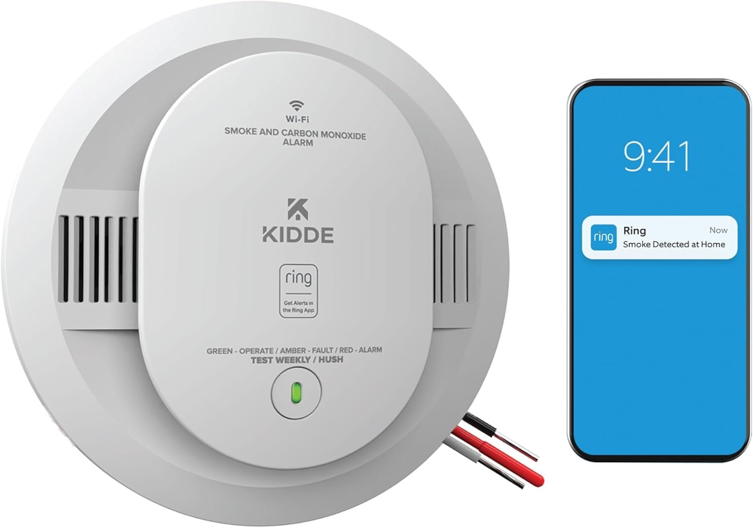 Smart Smoke and Carbon Monoxide Detector, Ring App Enabled for Real-Time Notifications, Hardwired Alarm, AA Backup Battery