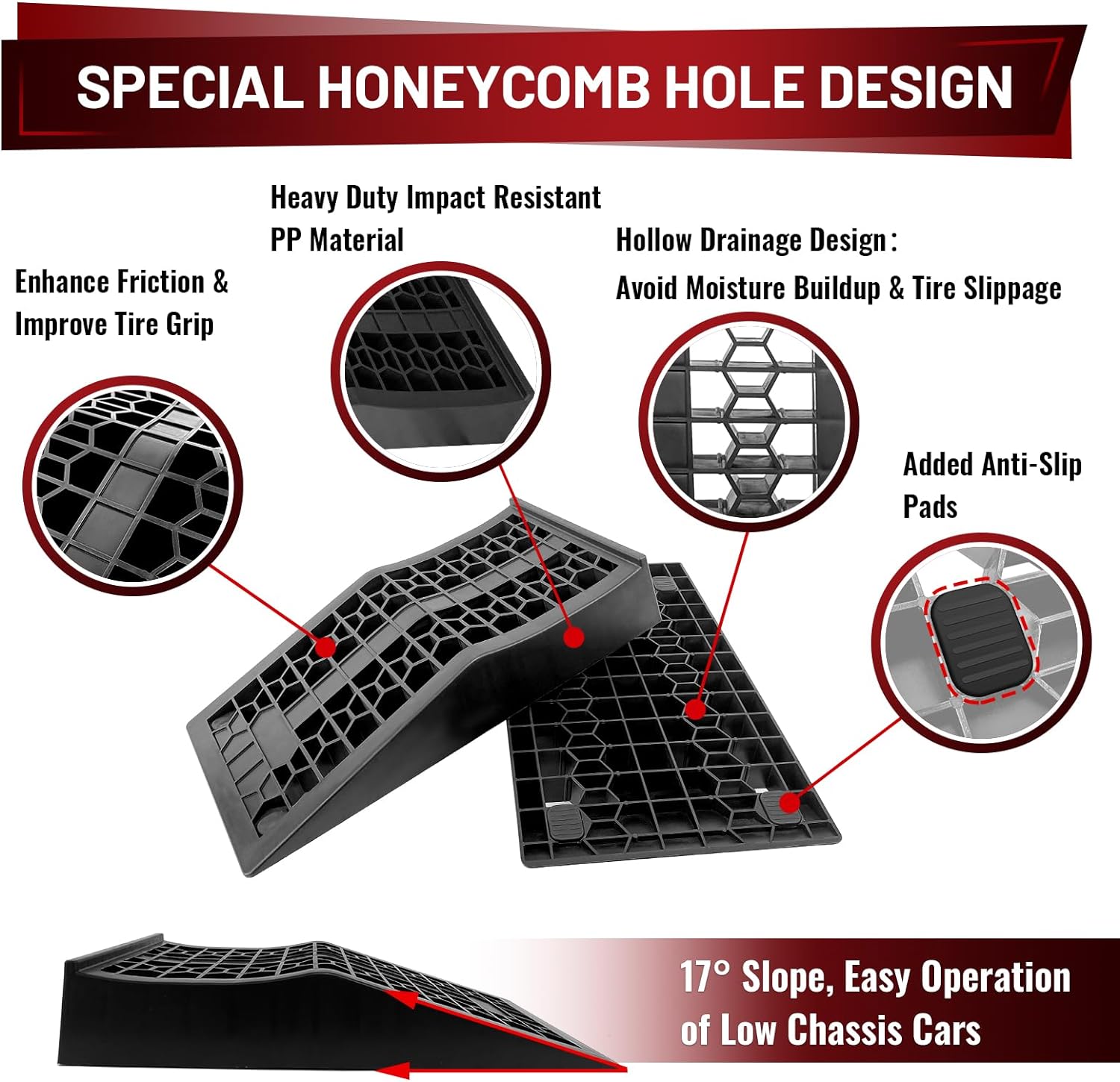 low‑profile heavy‑duty car ramps — 2‑pack portable tire ramps for low chassis vehicles, 20,000 lbs gvw