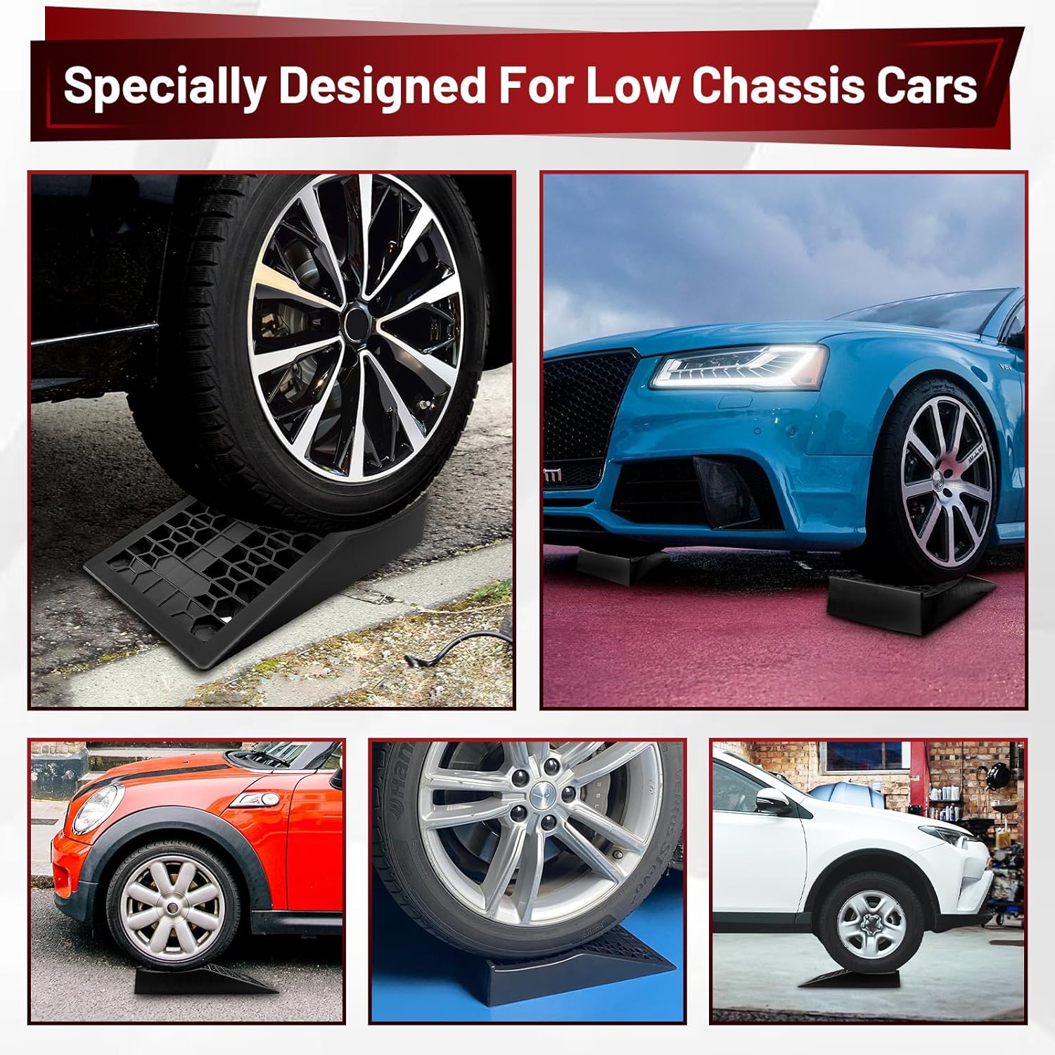 low‑profile heavy‑duty car ramps — 2‑pack portable tire ramps for low chassis vehicles, 20,000 lbs gvw