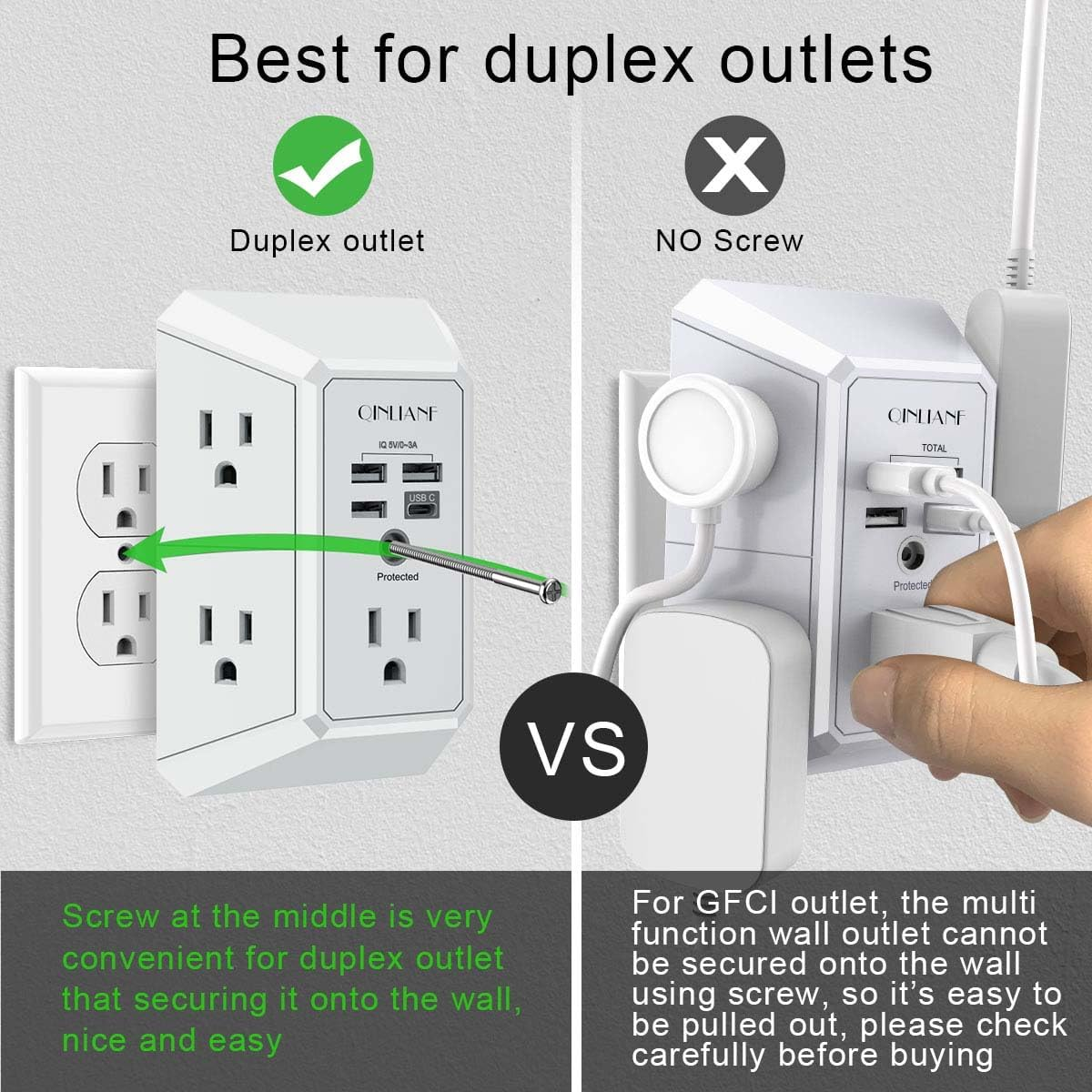wall charger, surge protector, 5 outlet extender with 4 usb charging ports, 3 sided 1680j power strip multi plug adapter spaced for home travel office